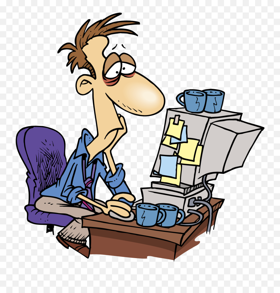 Cartoon Tired Person With The Computer Clipart - Tired Person Cartoon Emoji,Computer Clipart