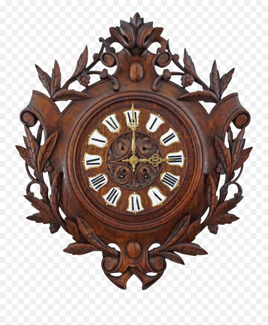 Antique French Black Forest Clock Carved Oak Enamel Numerals Emoji,Old Clock Png