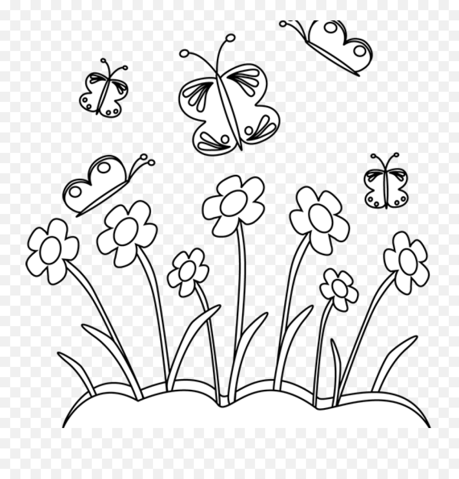 Black And White Spring Flowers And Butterflies Butterfly - Flowers Bloom Clipart Black And White Emoji,Flowers Clipart