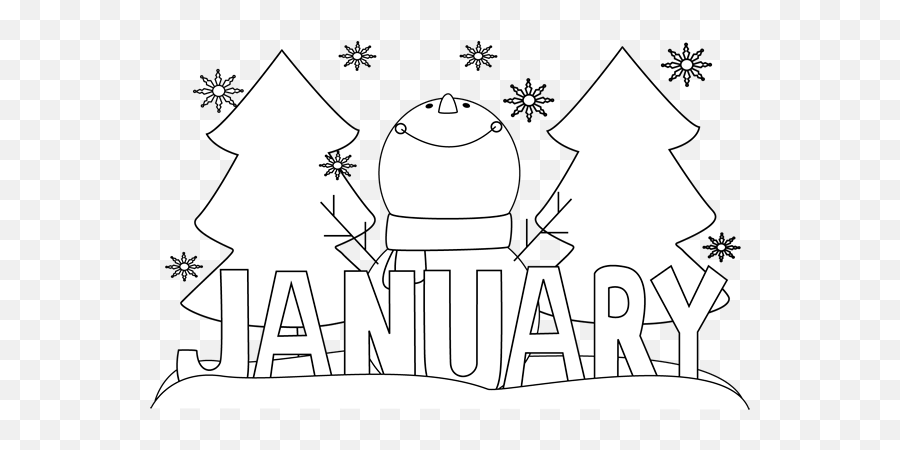 White Month Of January Snowman Clip Art - January Clipart Black And White Emoji,Snowman Clipart Black And White