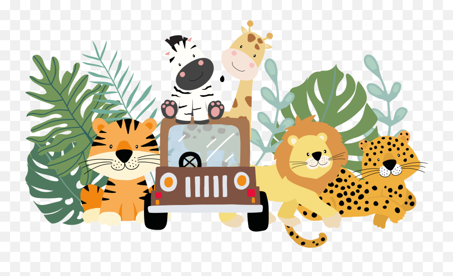 Safari Animals Set With Zebra Lion And Giraffe Wall Sticker Emoji,Safari Jeep Clipart