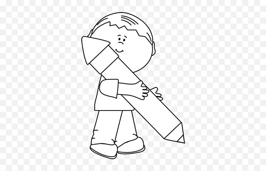 White Boy Holding A Big Pencil Clip Art - Boy With Crayon Black And White Emoji,Pencil Clipart Black And White