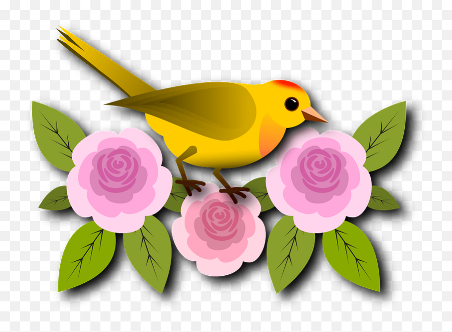 Yellow Bird Perched On Pink Flowers Clipart Free Download - Pink Yellow Flower Bird Emoji,Pink Flower Clipart