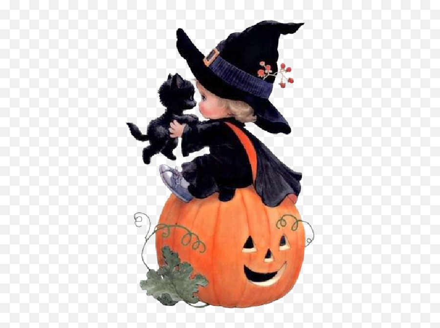 Cartoon Baby Witch With Black Catblack Hat Witches - Bajar Imagenes De Halloween Emoji,Vintage Halloween Clipart