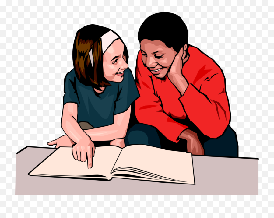 Children Examining Book Royalty Free Vector Clip Art - Cartoon Students Reading Together Emoji,Children Reading Clipart