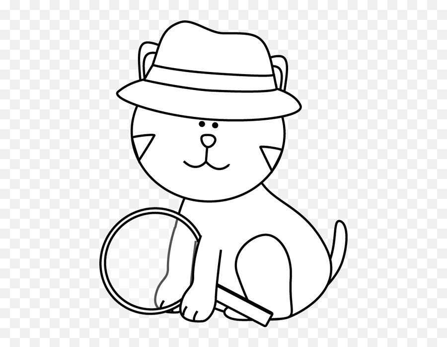 Black And White Detective Cat Clip Art - Hat On A Cat Clipart Black And White Emoji,Cat Clipart Black And White
