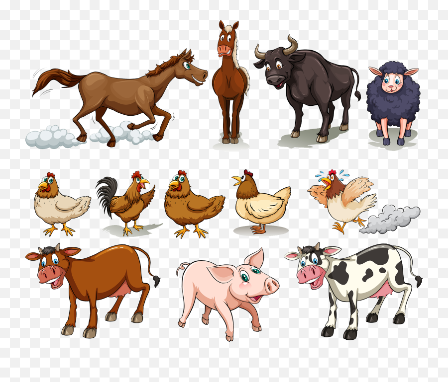 Cattle Chicken Sheep Domestic Pig Horse - Farm Animals Cartoon Png Emoji,Farm Animals Clipart