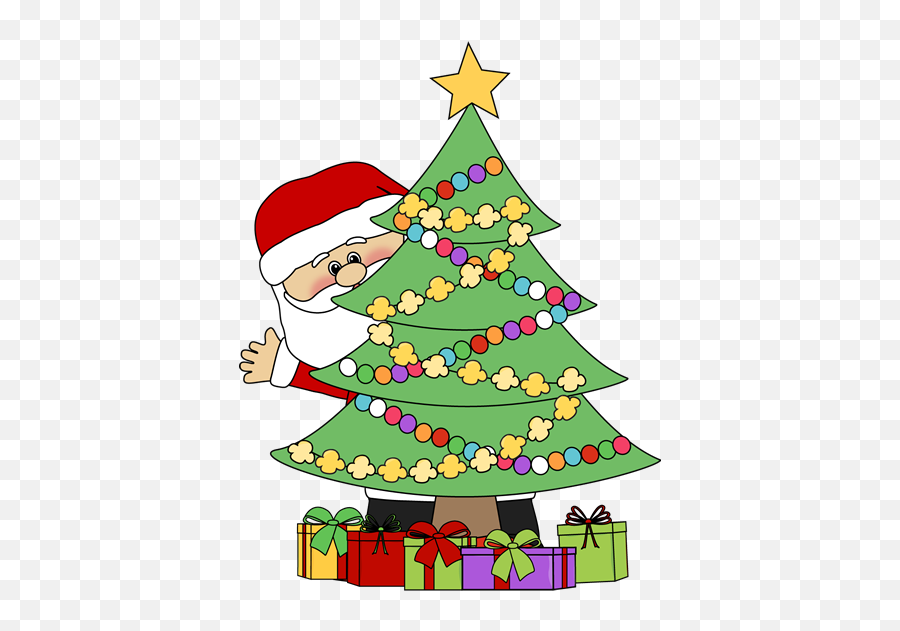 Santa Behind A Christmas Tree Clip Art - Clipart Santa Christmas Tree Emoji,Christmas Tree Clipart