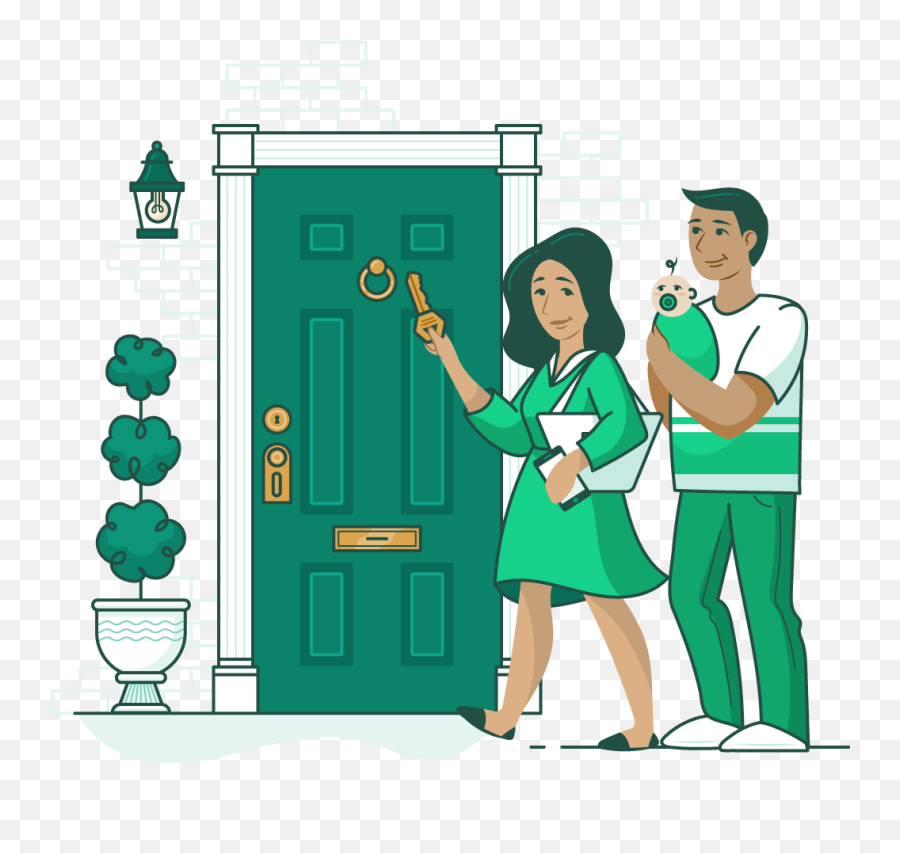 Woman With A Key In Her Hand And A Man Holding A Baby - Man Talking Woman In Front Door Clipart Emoji,People Holding Hands Clipart