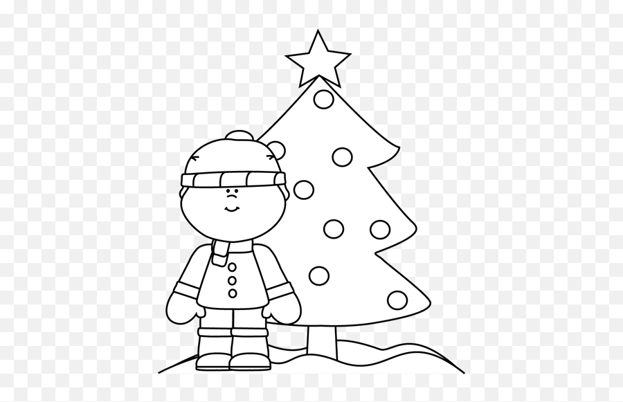 White Boy With Christmas Tree Clip Art - Christmas Tree Clipart Cute Black And White Emoji,Tree Clipart Black And White