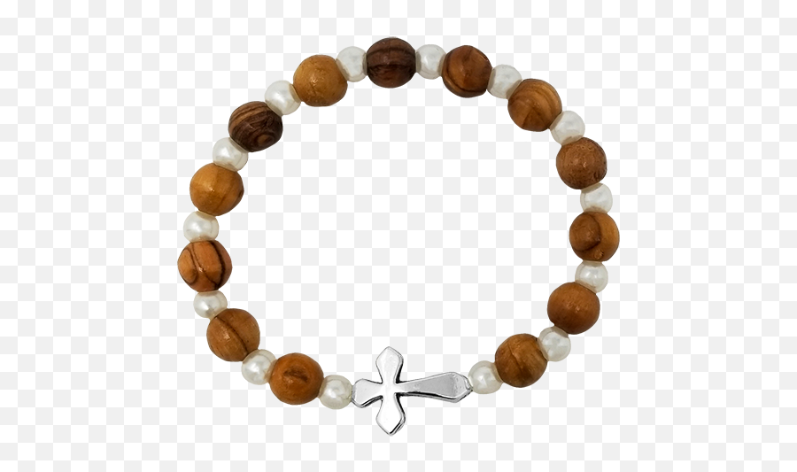 Olive Wood Stretch Bracelet White - Pulsera Rosario Madera Emoji,White Cross Logos