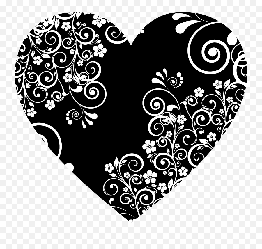 Download Big Image - Floral Heart Clipart Black And White Emoji,Stem Clipart Black And White