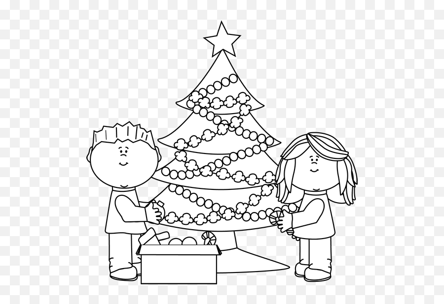 White Kids Decorating Christmas Tree - Decorate Clipart Black And White Emoji,Tree Clipart Black And White