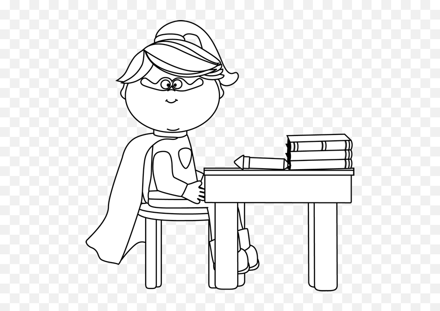 Black And White Girl Superhero At School Desk Clip Art Emoji,Super Hero Clipart Black And White