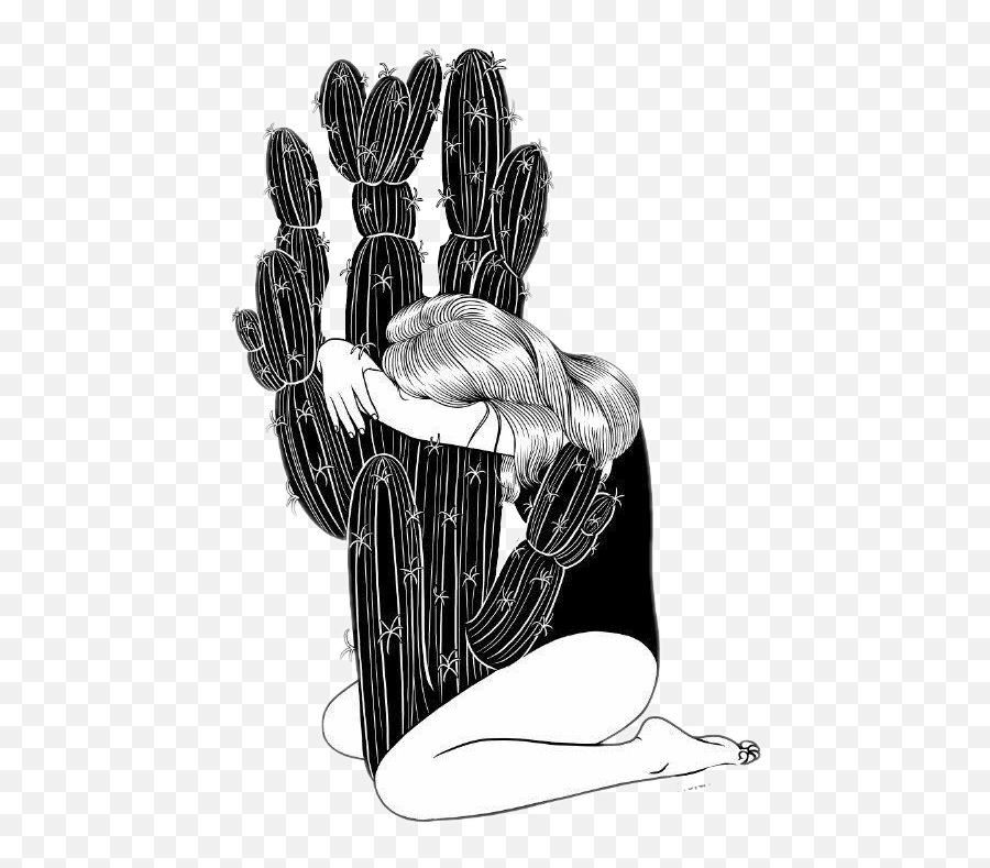 Sadgirl Cactus Tumblrgirls Draw Black White Sad - Surreal Black And White Illustration Emoji,Cactus Clipart Black And White