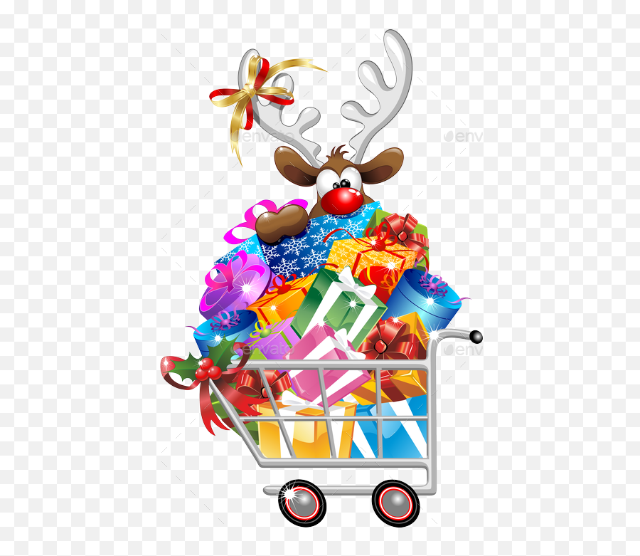 Santa And Reindeer Cartoon With Christmas Shopping Santa - Shopping Basket Emoji,Shopping Cart Clipart