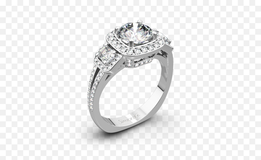 18k White Gold Simon G Tr446 Passion Halo Three Stone Engagement Ring Emoji,Transparent Rings