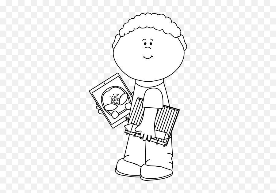 Black And White Kid With School Supplies And Tablet - Kid Kids With Ipads Clipart Black And White Emoji,Ipad Clipart