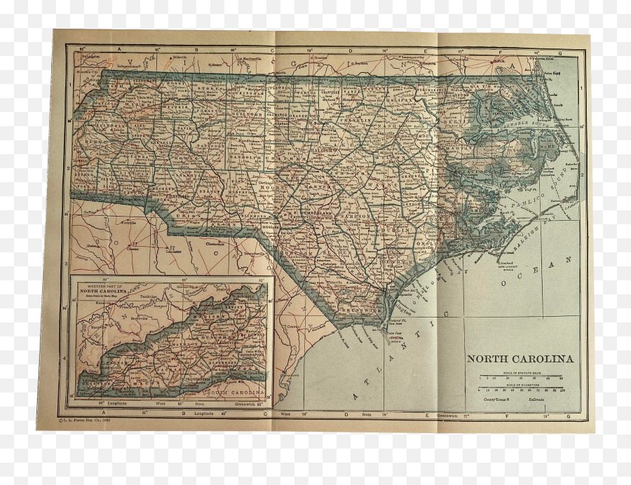 Antique 1920s North Carolina State Map Emoji,North Carolina Outline Png