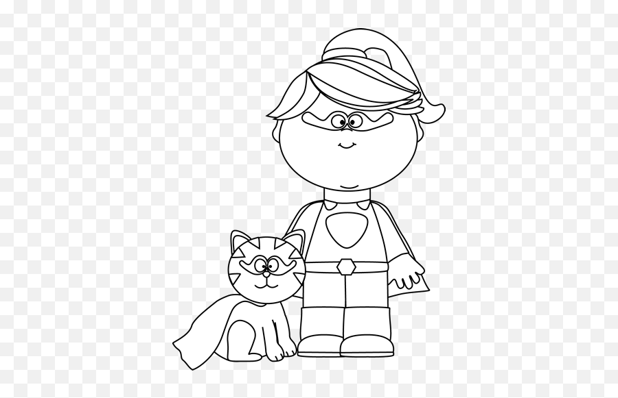 Black And White Superhero Girl With A Cat Cat Coloring - Kids Black And White Superhero Clipart Emoji,Cat Clipart Black And White