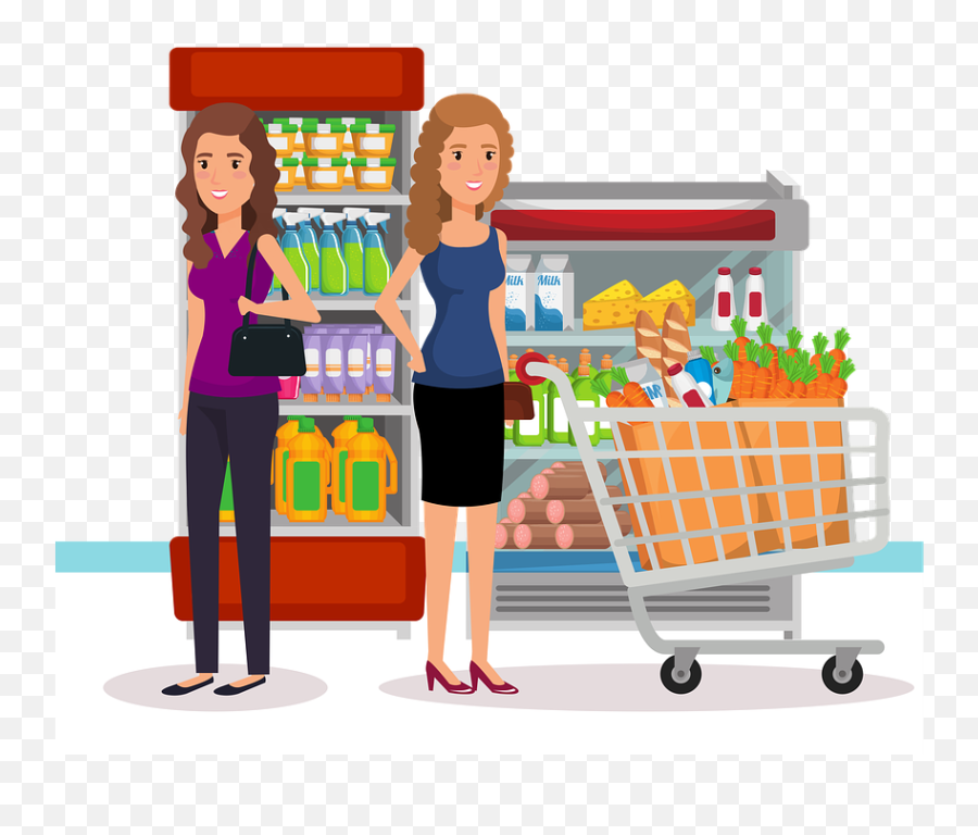 Woman Pushing Her Full Shopping Cart - Lady Grocery Shopping Cartoon Emoji,Friend Clipart