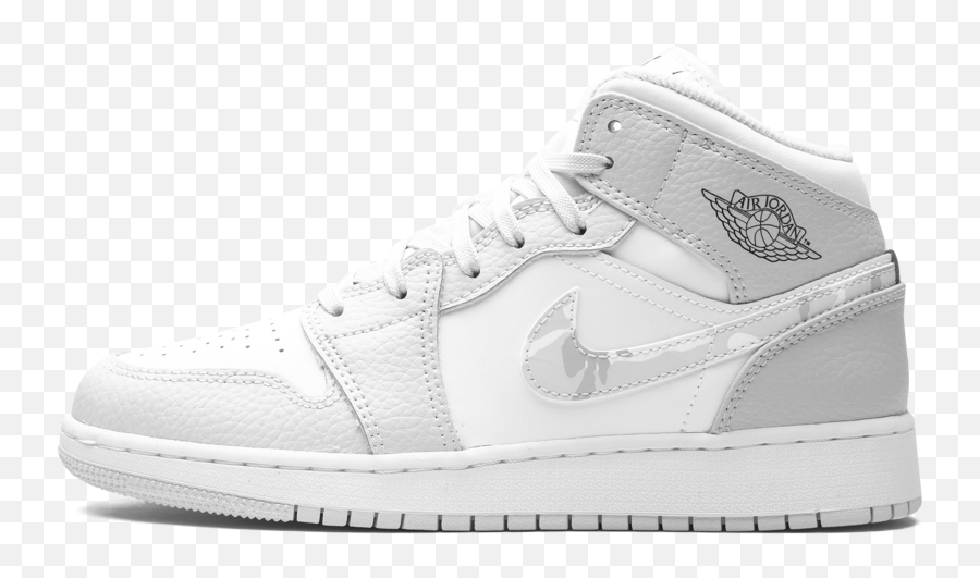 Air Jordan 1 Mid Se Swoosh Logo - Air Jordan 1 Mid Se Gs Grey Camo Swoosh Emoji,Nike Swoosh Logo