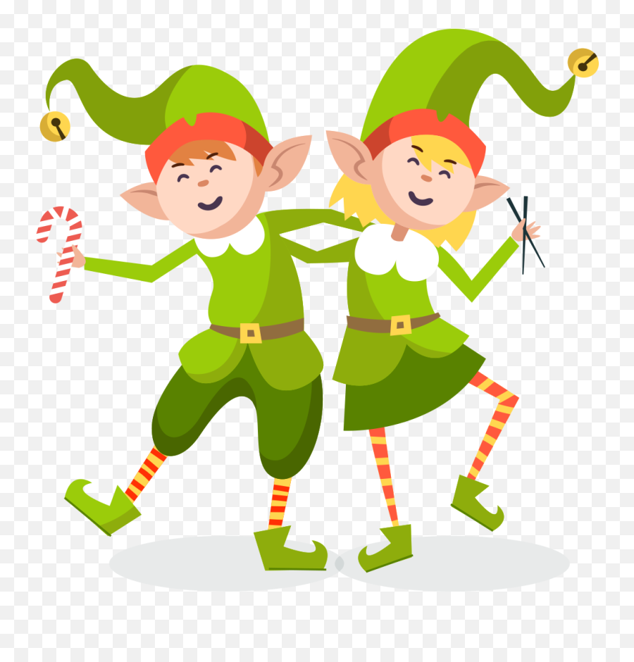 Two Christmas Elves Holding Each Other - Laughing Elves Clip Art Emoji,Elf Clipart
