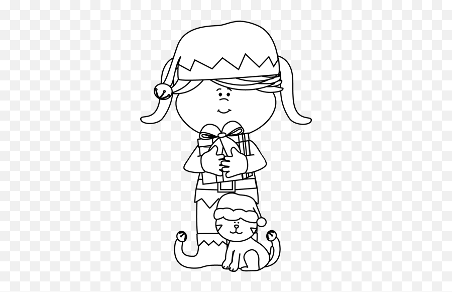 Black And White Girl Elf With Cat Clip Art - Black And White Elf With Cat Clipart Emoji,Cat Clipart Black And White