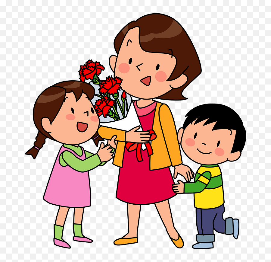Giving Flowers For Mothers Day Clipart - Mother And Children Clipart Emoji,Mothers Day Clipart