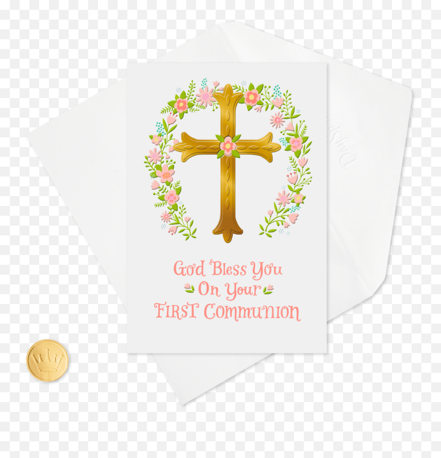 Gold Cross And Pink Flower Wreath First Communion Card - First Communion Emoji,Gold Cross Png