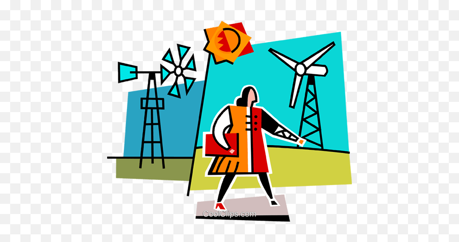 Woman Walking Past Windmills Royalty Free Vector Clip Art - Wind Turbine Emoji,Woman Walking Clipart