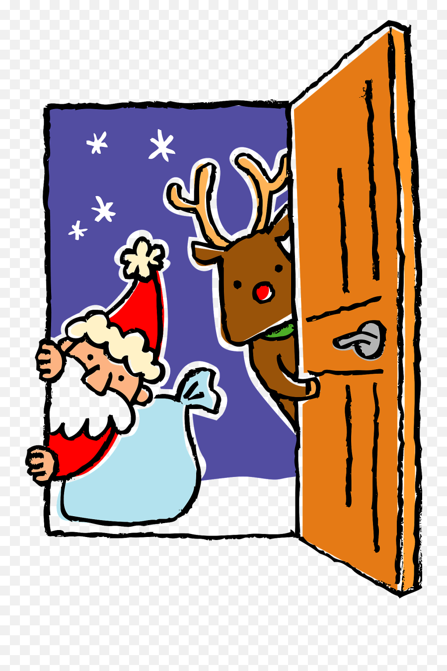 Santa Claus And Reindeer In A Open Door Clipart Free - Christmas Open Door Clip Art Emoji,Door Clipart