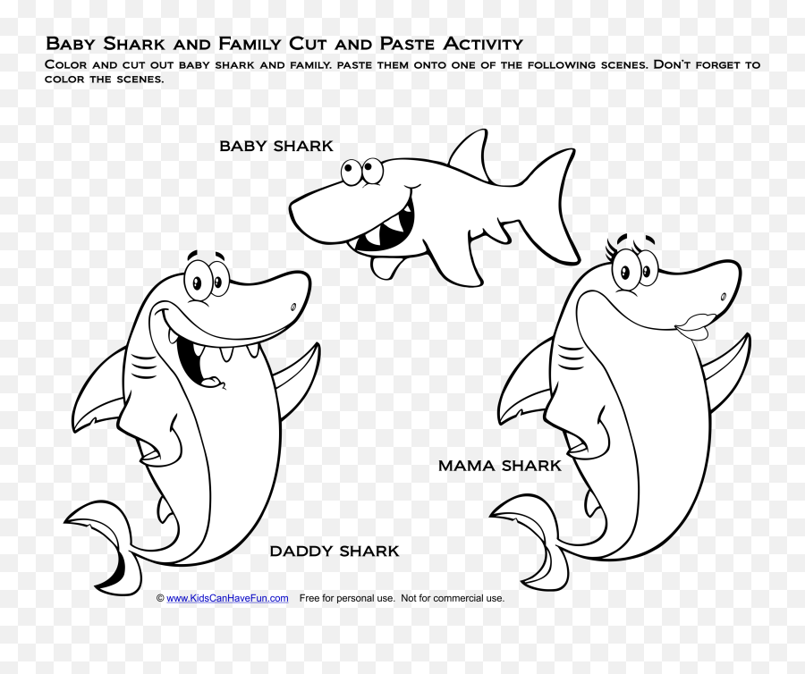 Baby Shark And Family Cut And Paste - Baby Shark Clip Art Black And White Emoji,Baby Shark Clipart