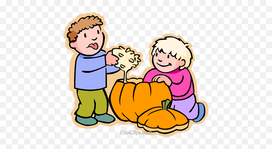 Boys Carving Halloween Pumpkin Royalty - Cleaning Out Pumpkin Clipart Emoji,Pumpkin Carving Clipart