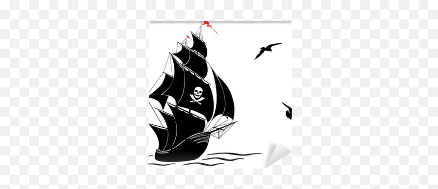 Silhouette Of A Old Sail Pirate Ship And Two Gulls Wall Emoji,Pirate Ship Clipart Black And White