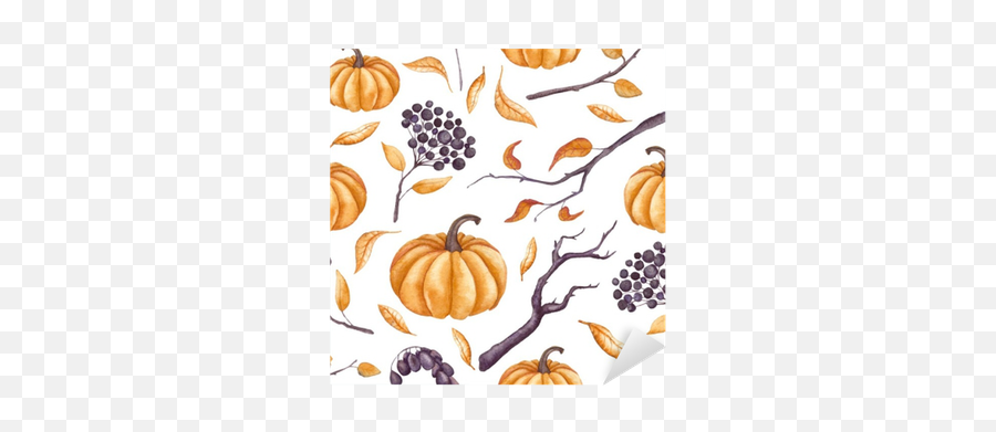 Seamless Pattern Of Watercolor Pumpkins Leaves And Viburnum Emoji,Watercolor Pumpkin Clipart