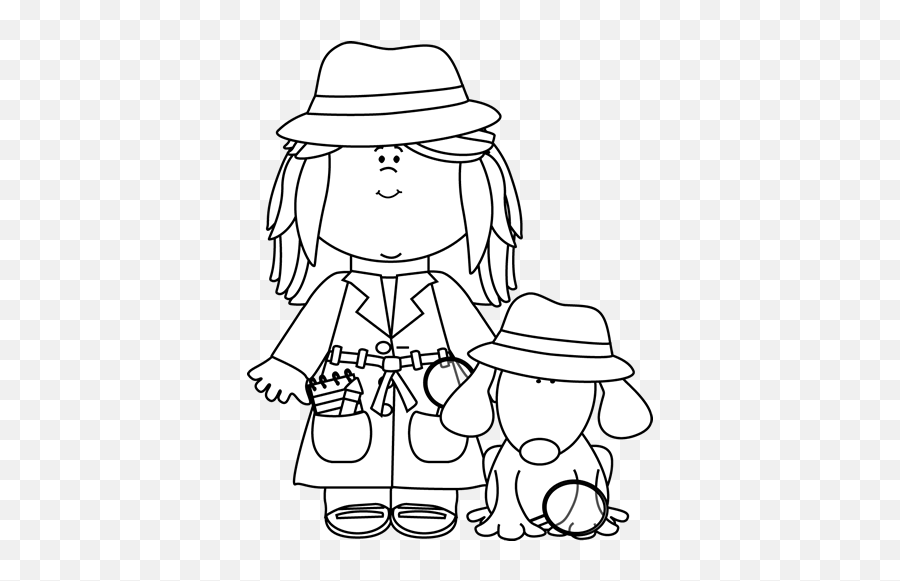 Black And White Girl Detective With Dog Clip Art - Black And Black And White Detective Clipart Emoji,Detective Clipart
