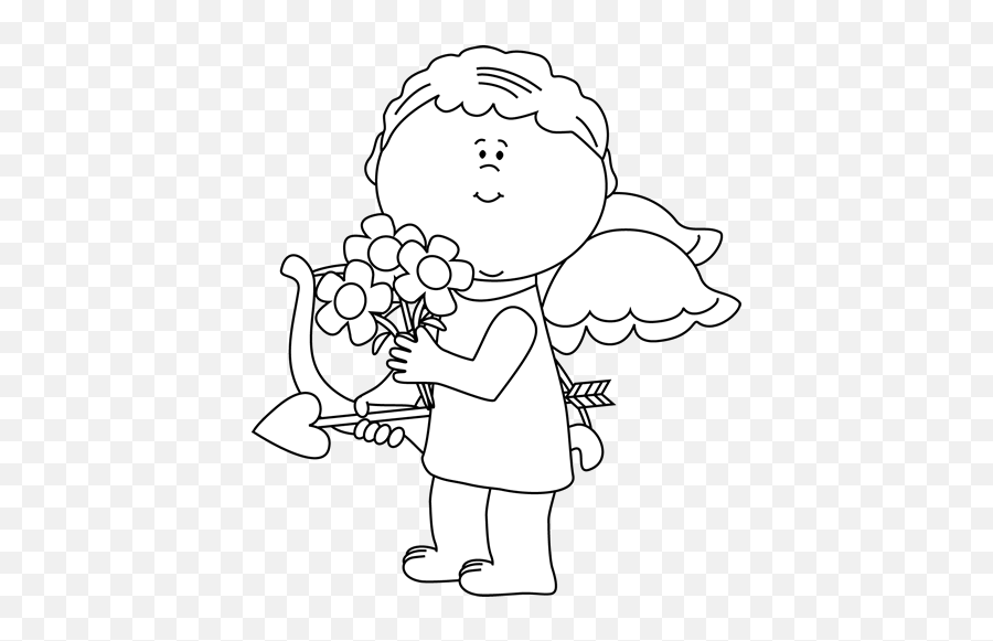 Black And White Valentineu0027s Day Cupid With Flowers Clip Art Emoji,Valentines Day Clipart Black And White