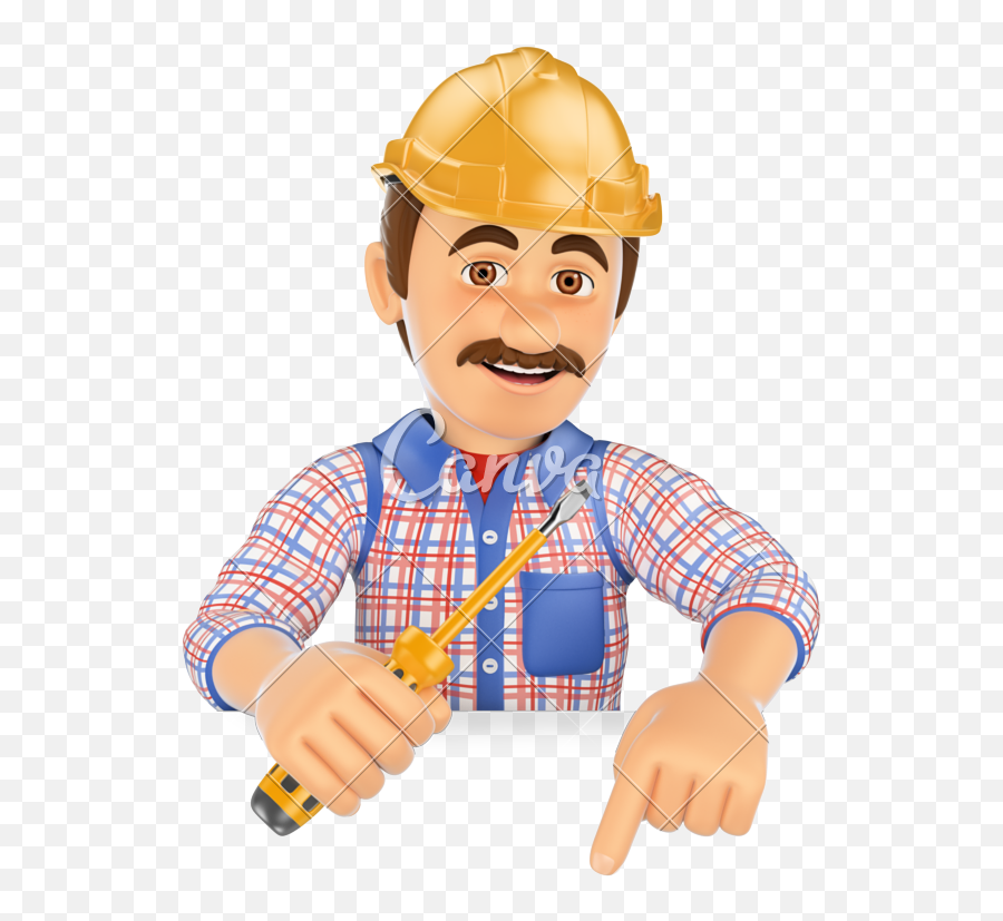 3d Electrician With A Screwdriver Pointing Down - Cartoon Pointing Down Png Emoji,Construction Worker Clipart