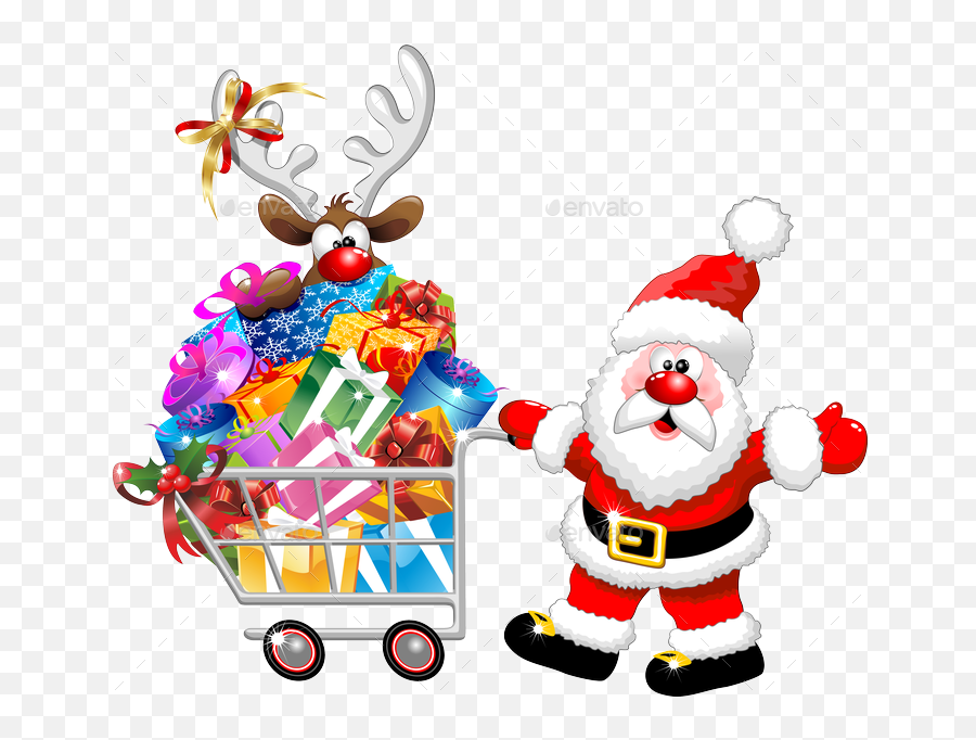 Santa And Reindeer Cartoon With Christmas Shopping - Santa Last Minute Christmas Shopping Clipart Emoji,Santa And Reindeer Clipart