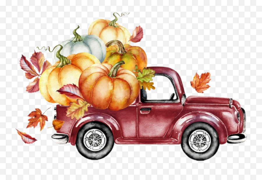 Watercolor Truck Pumpkins Leaves Autumn Fall - Red Emoji,Watercolor Pumpkin Clipart