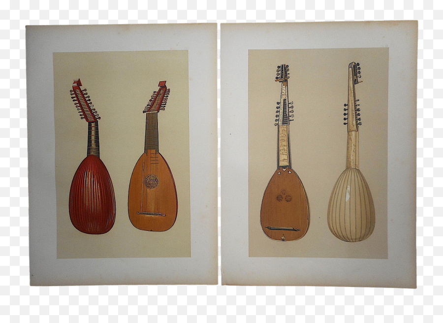 Antique Ltd Ed Lithographs - Musical String Instruments Lute U0026 Theorboa Pair Emoji,Lute Png