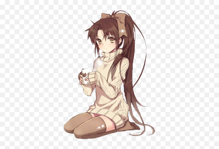 Anime Girl With Long Brown Hair Png - Coffee Anime Render Emoji,Anime Hair Png