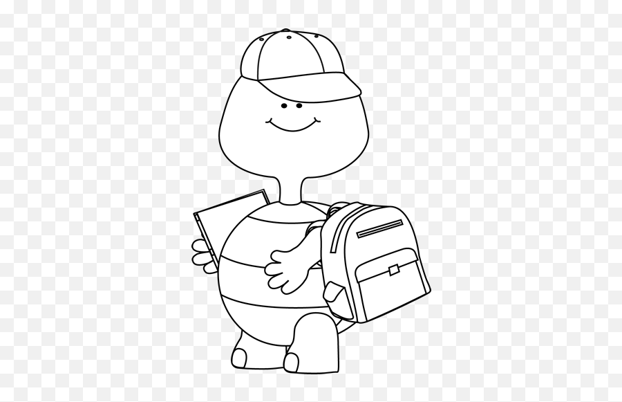 Black And White Boy Turtle Going To - Cartoon Turtle Black And White School Emoji,School Clipart Black And White