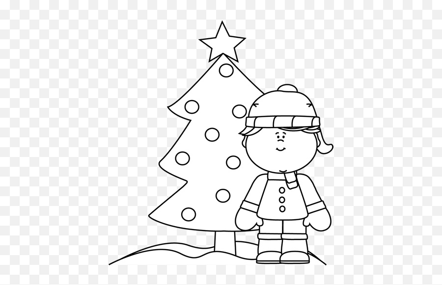 Black And White Girl And Christmas Tree In The Snow Clip Art - Girl Christmas Clipart Black And White Emoji,Tree Clipart Black And White