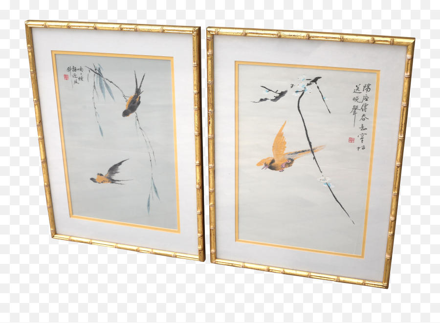 Silk Fabric In Gold Faux Bamboo Frames - Asian Bird Print Bamboo Frame Emoji,Bamboo Frame Png