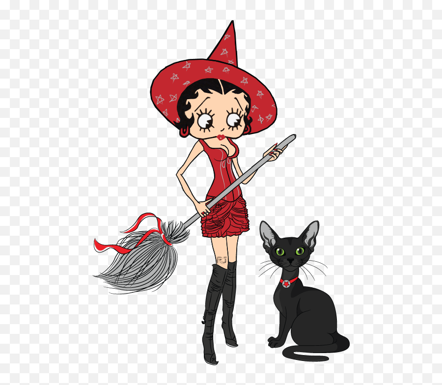 Witch Betty Boop And Black Cat - Witch On Broom With Black Cat Emoji,Black Cat Transparent