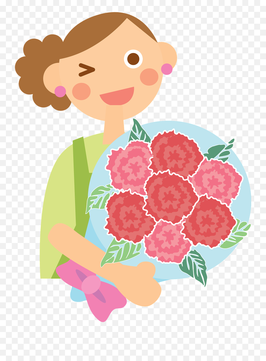 Winking Mother Is Holding A Carnation Bouquet For Motheru0027s - Mother With Flower Clipart Emoji,Mothers Day Clipart