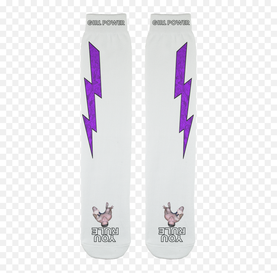 You Rule Girl Power Socks White U2013 Purple Lightning And A Flat Man Underfoot Sublimation Tube Sock - Active Pants Emoji,Purple Lightning Png
