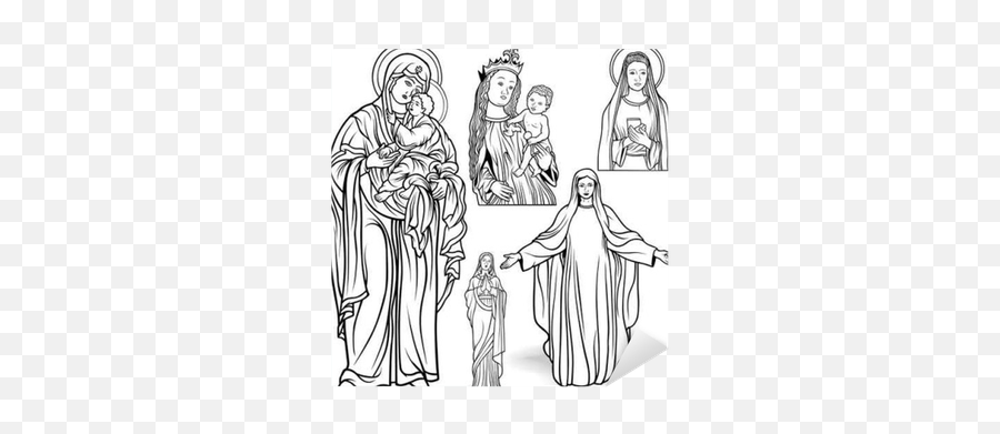 Virgin Mary Set - Black And White Outlined Illustrations Emoji,Mary And Jesus Clipart